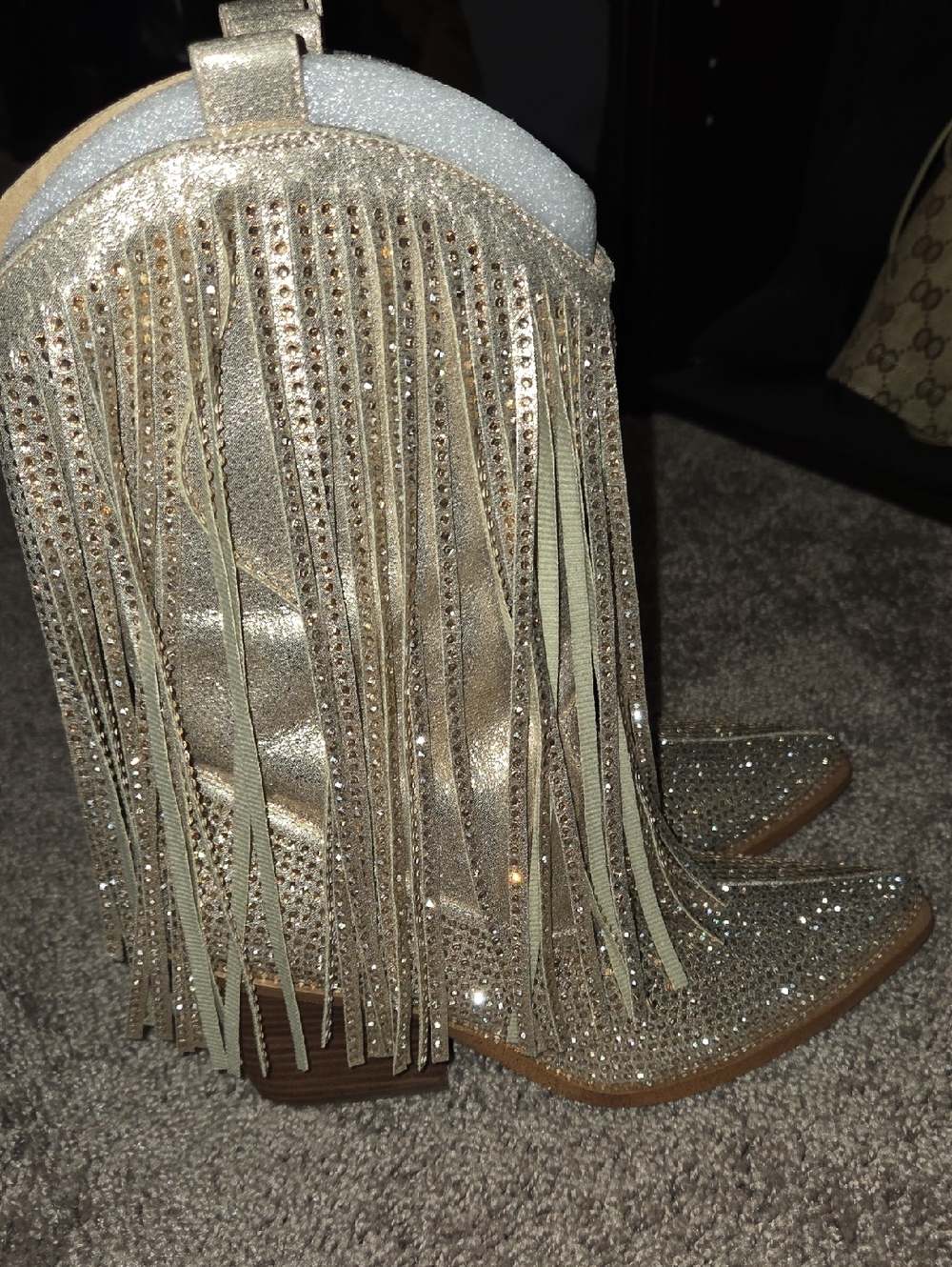 Gold Fringe Rhinestone Cowgirl Boots - Women's Sparkle Western Booties